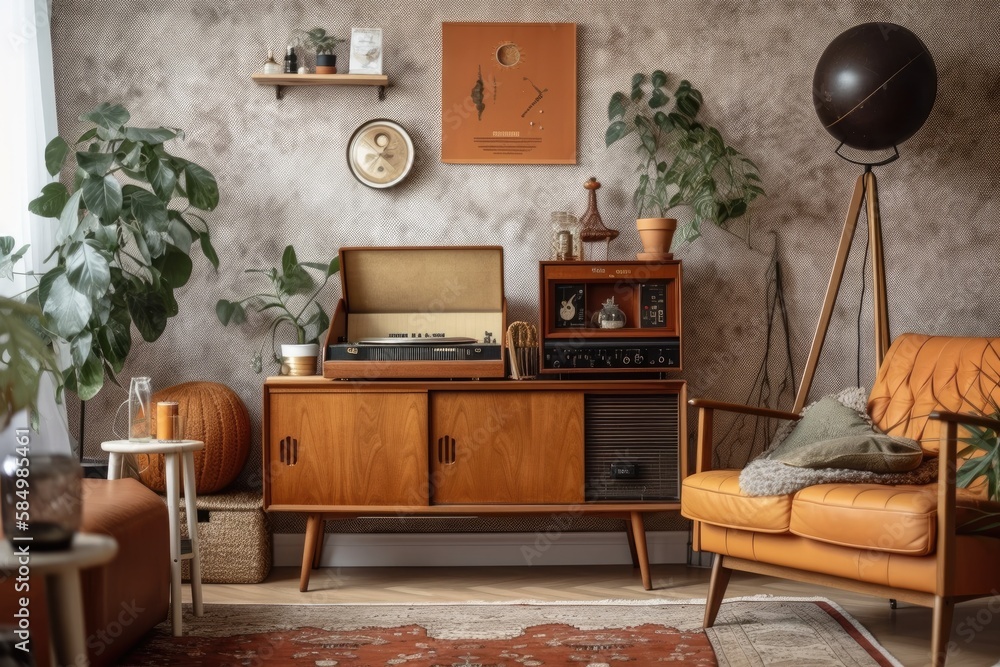 Retro living room with brown commode, vinyl recorder, books, plants, nuts, décor, and stylish person