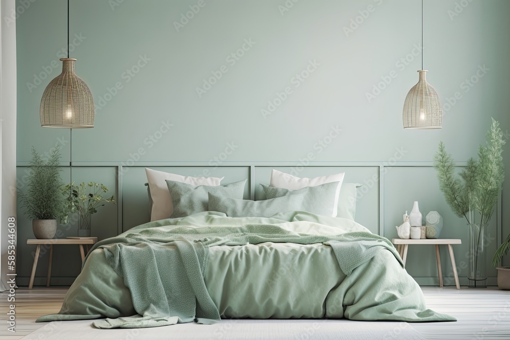 Pastel green bedroom with bed and light. Light background with copyspace. website, presentation, or 