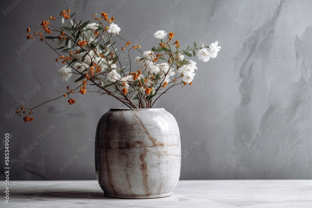 Pottery vase. Gorgeous fake plant in flower pot arrangement on light grey marble table. Modern inter
