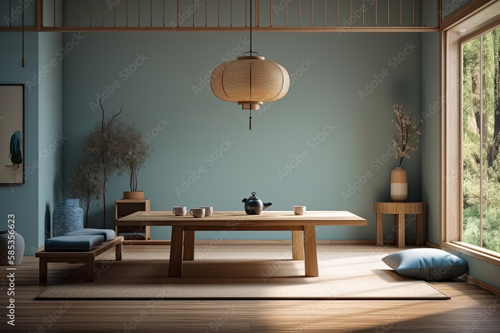 Minimalist Japanese style blue and beige tea ceremonial chamber. Table, chairs, tatami mats, meditat