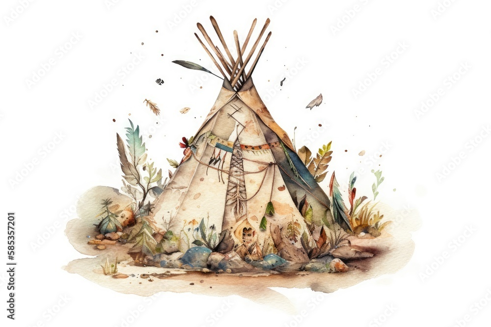 Watercolor indigenous teepee, tent, and arrow. Native American boho jewelry. Arrows, feathers, Nativ