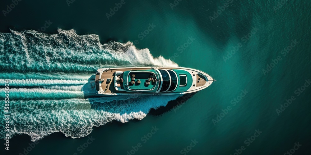 Top view on speed boat in paradise turquoise ocean water. Generative AI