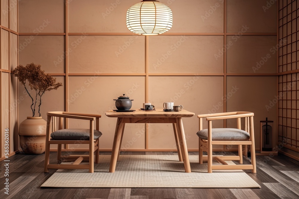 Japanese style Japandi tea ceremonial chamber mockup. Table, chairs, tatami. Japanese minimalism,. G