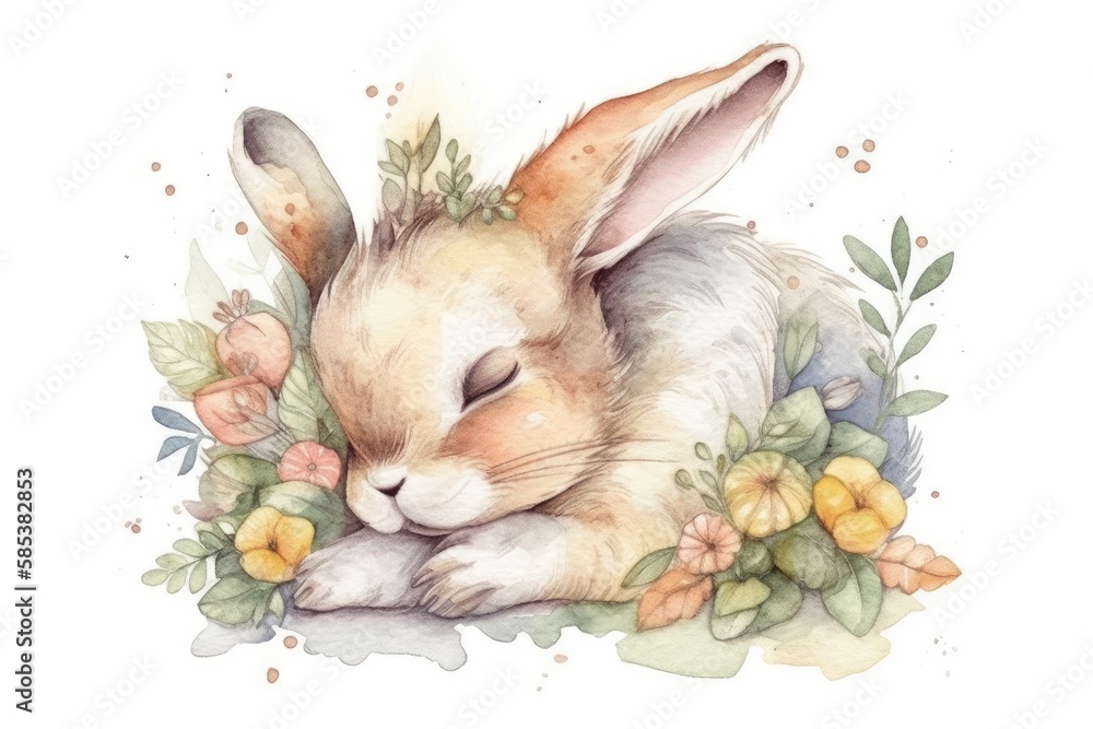 A sweet rabbit naps. Boho. Hand drawn watercolor isolated on white for print, card, invitation, post