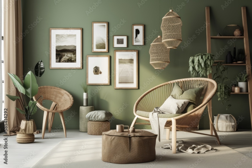 Innovative living room décor with boho chair, mockup frames, commodes, and personal accessories. Sag