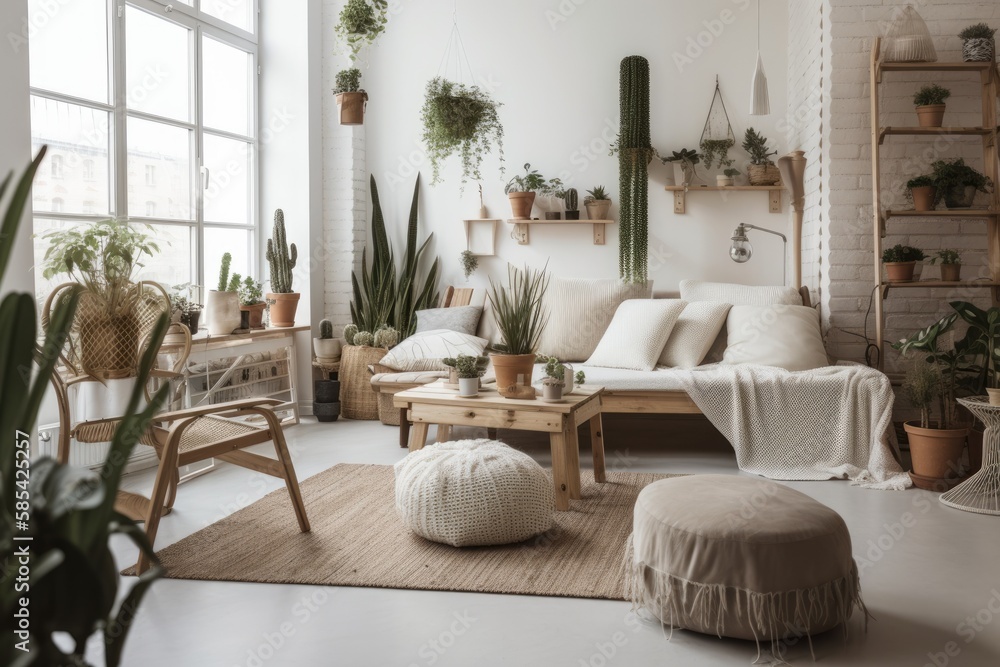white living room décor, White cushions and potted plants, bohemian seaside fresh decor lounge livin