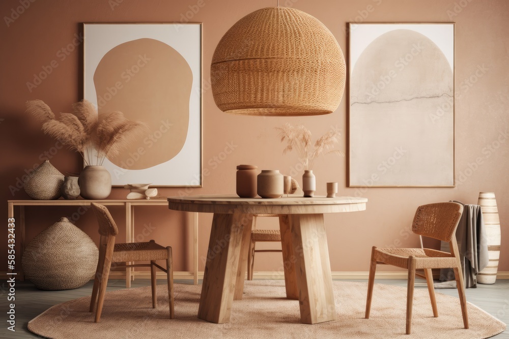 Boho dining room with poster mockup. Chair, vase, round table. Brown wall, straw light. Pseudo poste