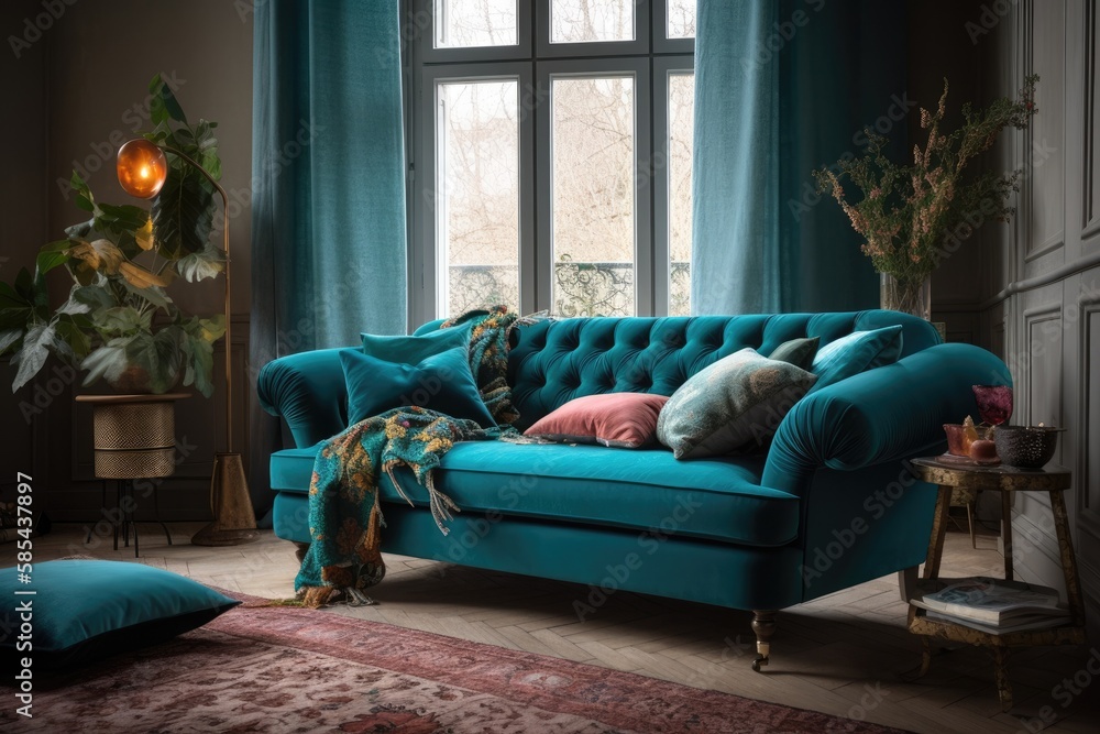 turquoise sofa living room. book on couch, literary circle. Generative AI