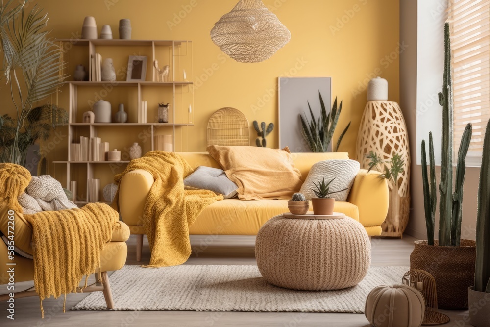 Oversized lamp in bright living room with yellow curtains, beige couch, and knit blanket. Generative