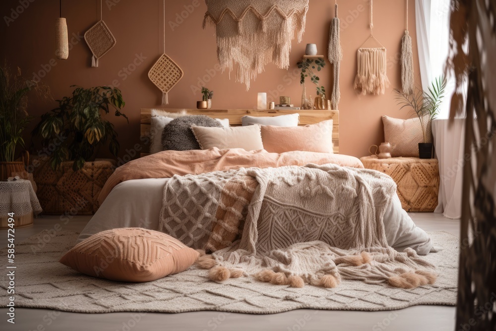 Brown carpet in front of king size bed with fur coverlet and cushions in cozy bedroom with light. Ge