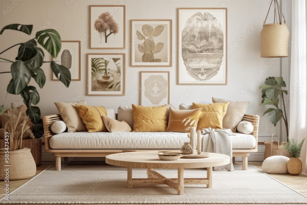 Boho scandinavian living room with couch, table, and décor. Plant backed beige wall mockup. illustra