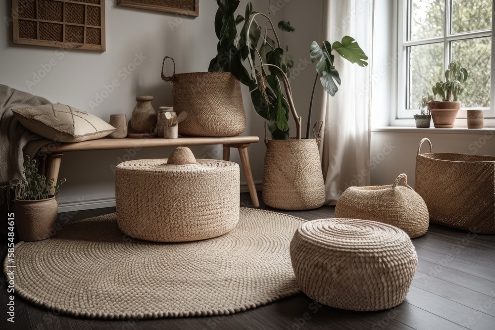 In a trendy living area, wicker baskets decorate the floor. Generative AI