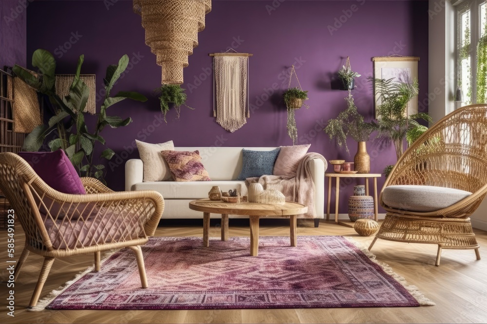 White and purple bohemian living room with parquet and wallpaper. Sofa, jute carpet, rattan armchair