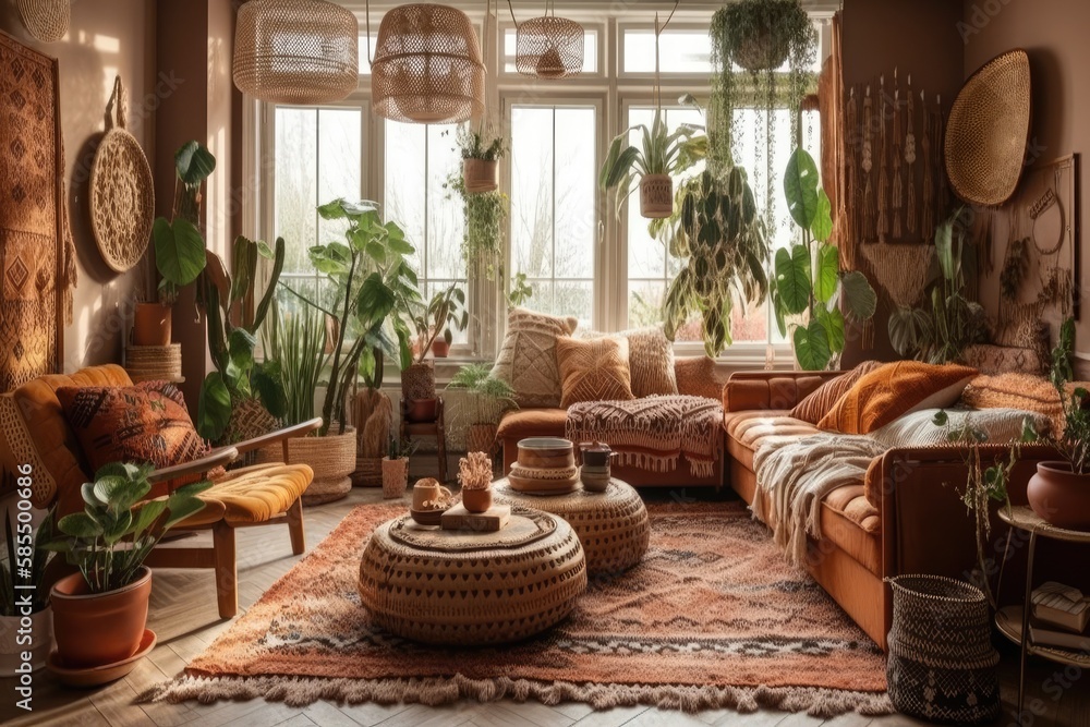 Boho living room with brown sofa and window cushions. Green houseplants in clay pots, plaid wicker b