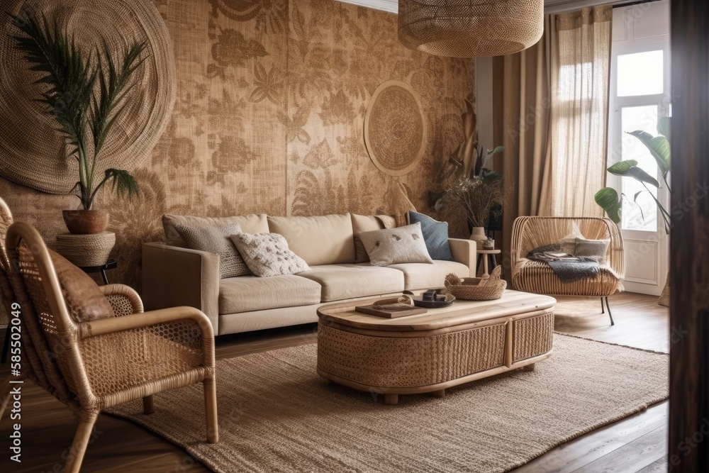 Bohemian parquet and wallpaper living room. Sofa, jute carpet, rattan armchair. Boho interior design