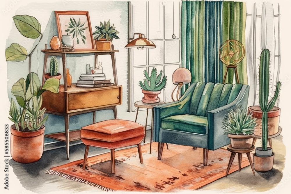 Bohemian home decor scene with mid century modern furniture. Houseplant, rug, greenery chair in cozy