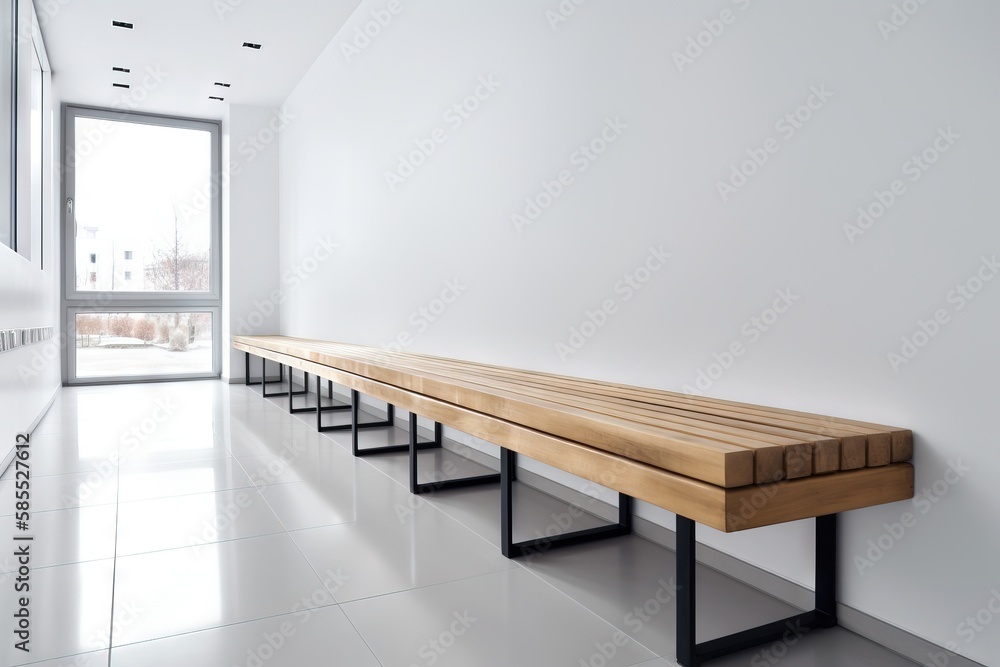  a long wooden bench sitting in a room next to a window.  generative ai