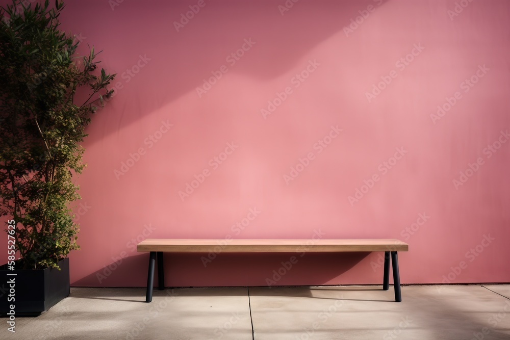  a wooden bench next to a pink wall and a potted plant.  generative ai