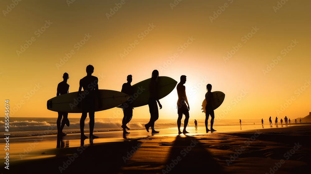 Summer background with surfers. Illustration AI Generative.