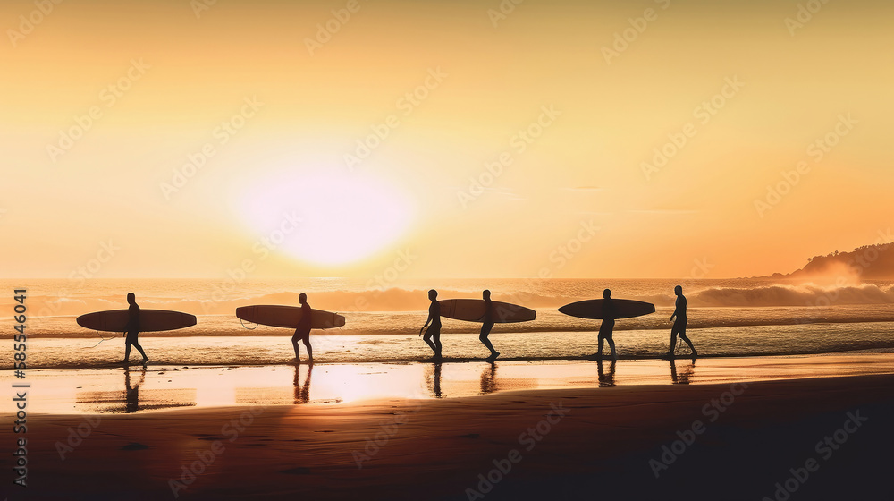 Summer background with surfers. Illustration AI Generative.
