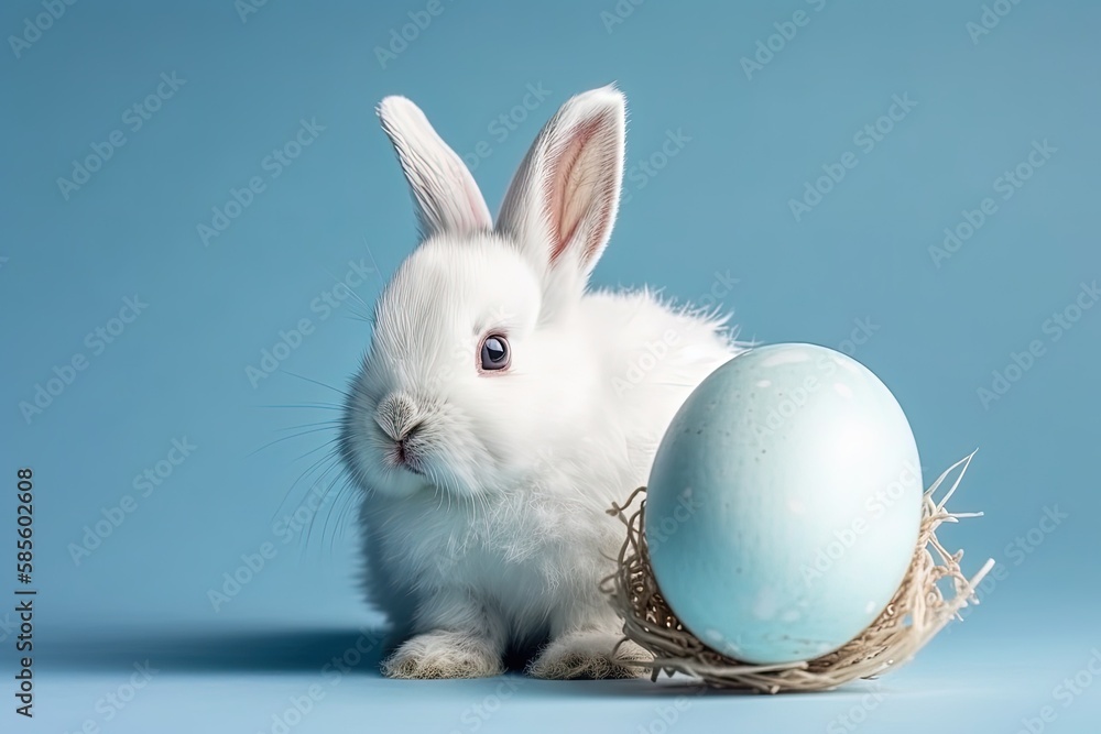 white rabbit and a blue egg side by side. Generative AI