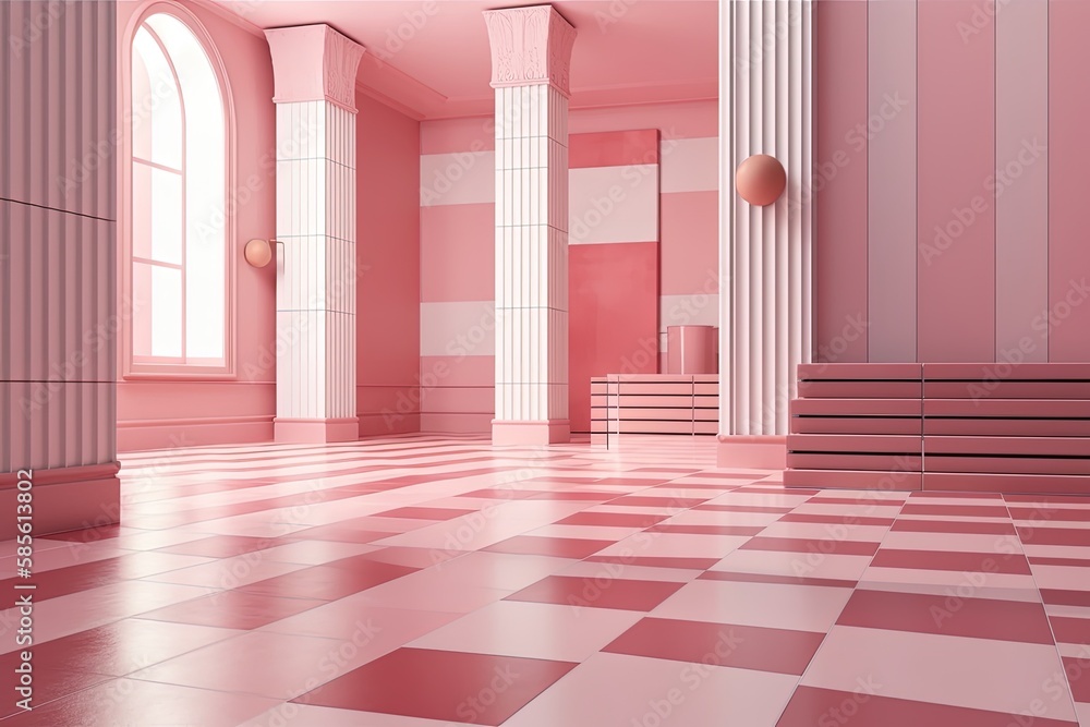 Pink-walled Room with Checkered Floor Pattern. Generative AI