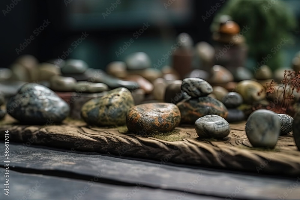 wooden table decorated with a variety of rocks and plants. Generative AI