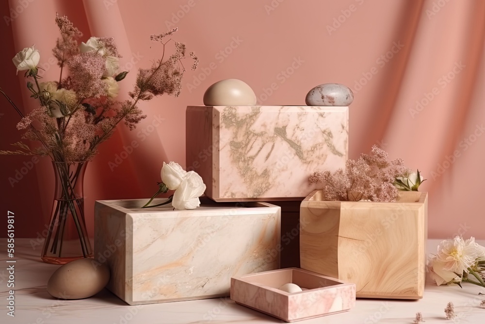 still life arrangement of marble blocks and vases with flowers on a table. Generative AI