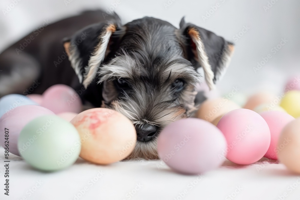 small dog sitting on top of a colorful pile of Easter eggs. Generative AI