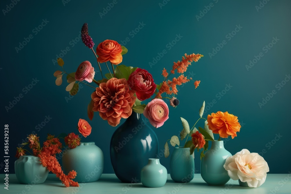 table centerpiece with an arrangement of colorful flowers in vases. Generative AI