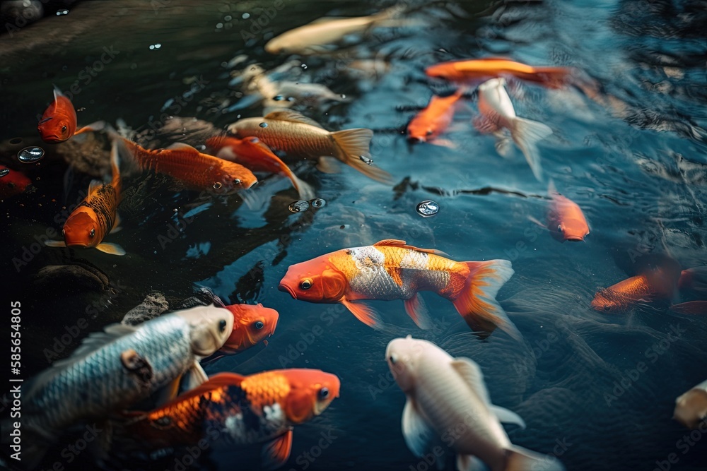 school of colorful fish swimming in a tranquil pond. Generative AI