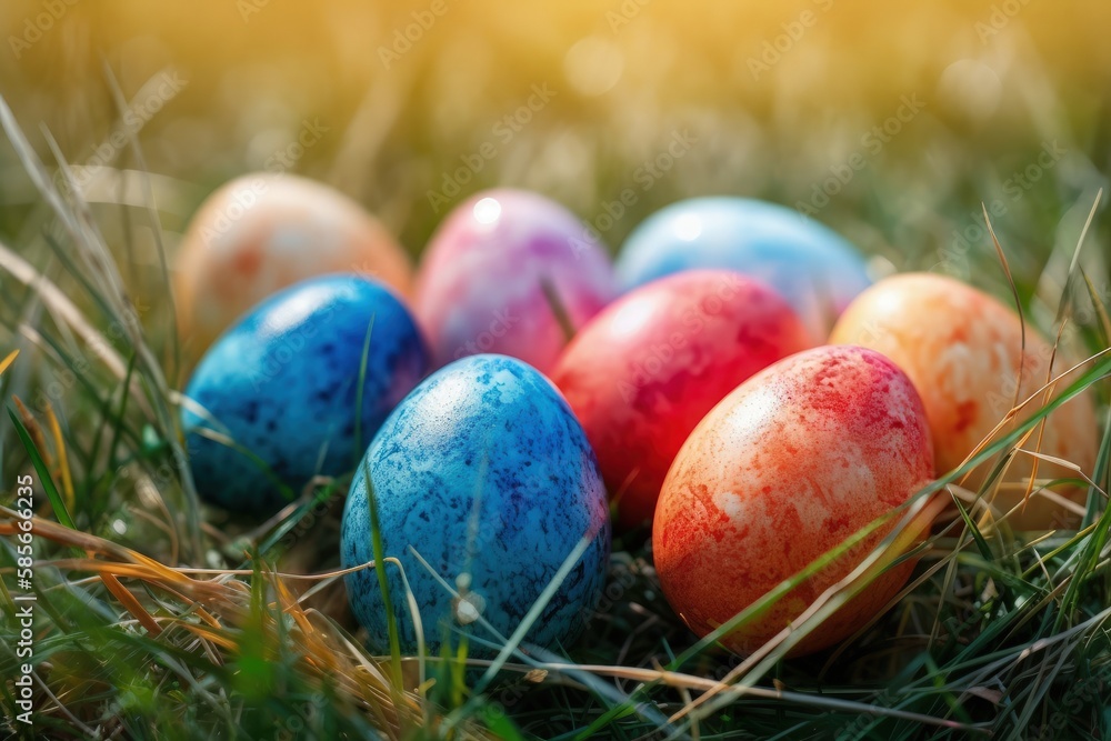 colorful Easter eggs nestled in the grass. Generative AI