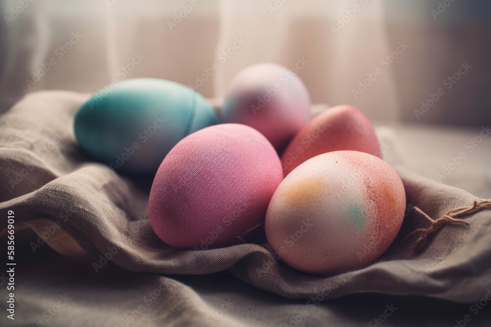 three eggs on a cloth background. Generative AI