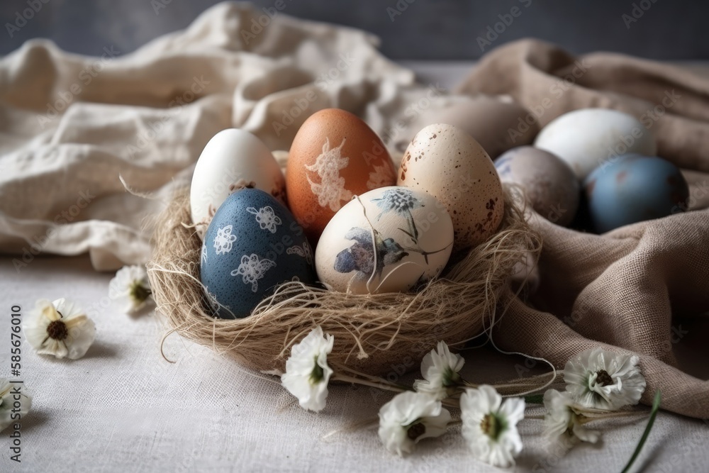 basket filled with fresh eggs on a wooden tabletop. Generative AI