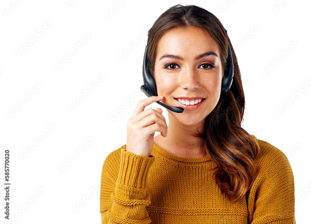 Call center, portrait and happy woman in customer service for telemarketing while isolated on a tran
