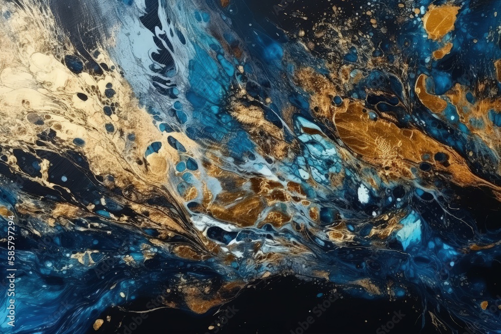 an abstract painting with a dynamic combination of gold and blue colors. Generative AI