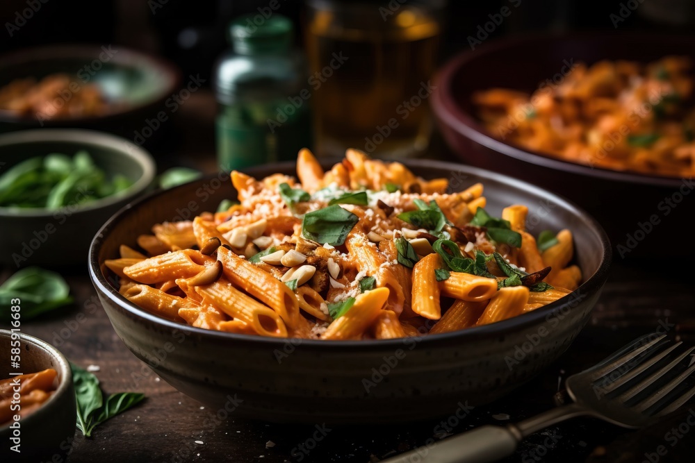  a bowl of pasta with nuts and spinach on a table with other bowls of pasta and a fork on the side o