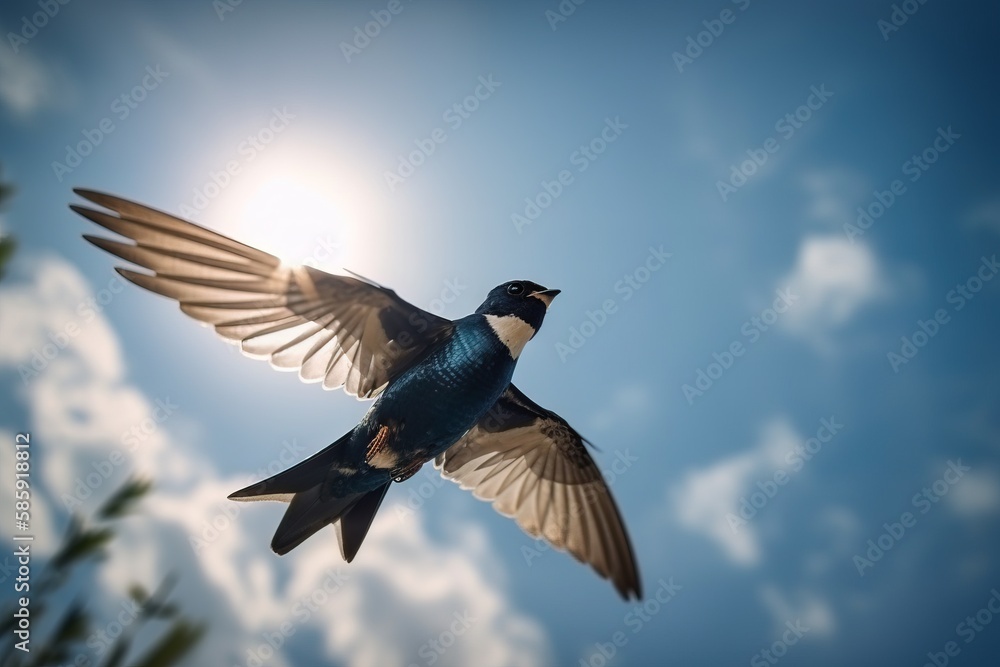  a bird flying in the air with its wings spread wide and wings spread wide, with the sun in the back
