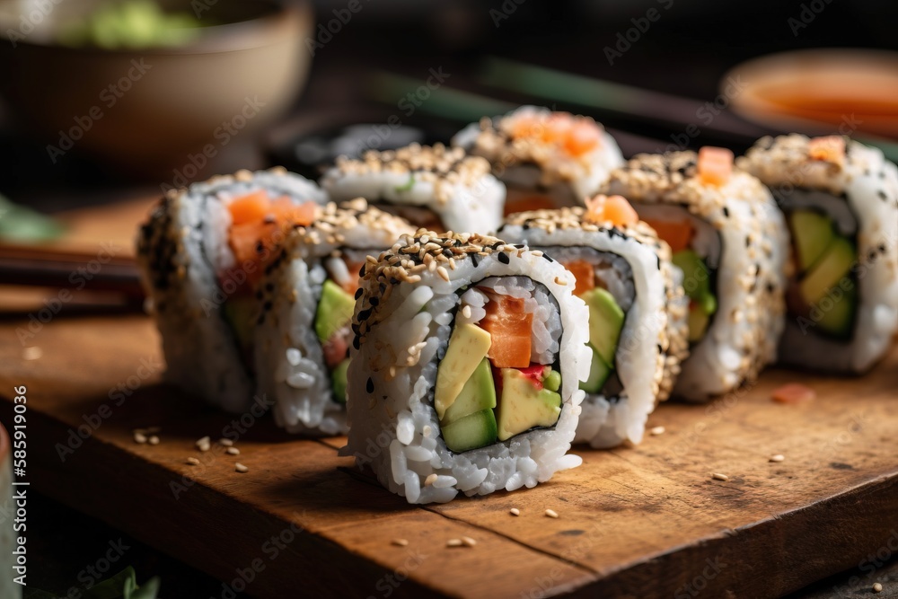  a wooden cutting board topped with sushi rolls covered in avocado and cucumber on top of a wooden c