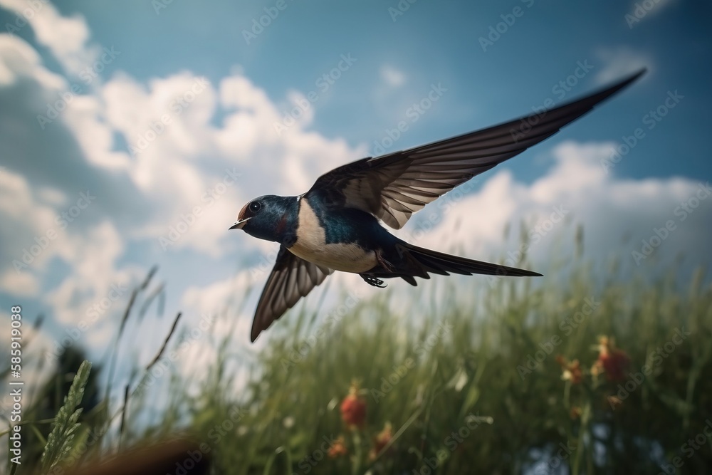  a bird flying over a lush green field under a blue sky with white puffy clouds in the background an