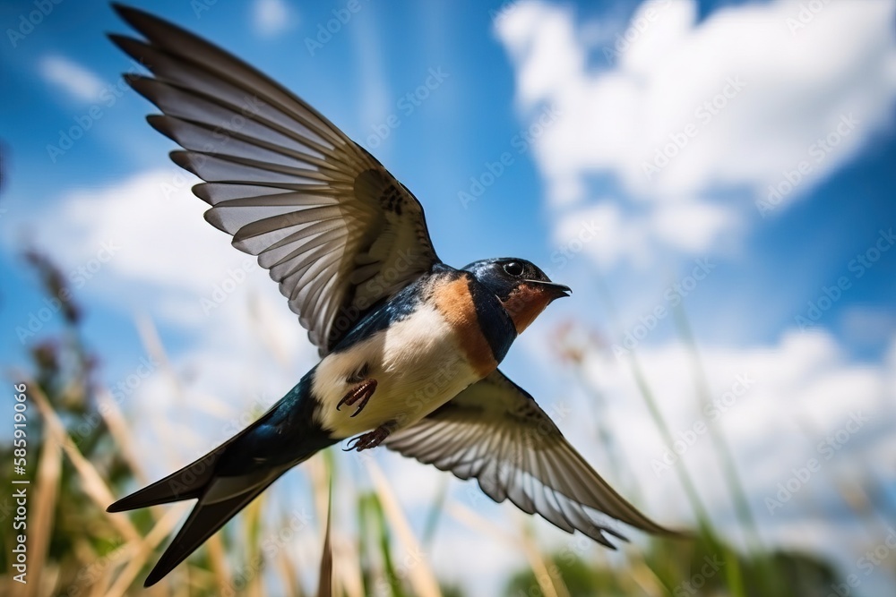  a bird flying through the air with its wings spread wide and wings spread wide, with a blue sky in 