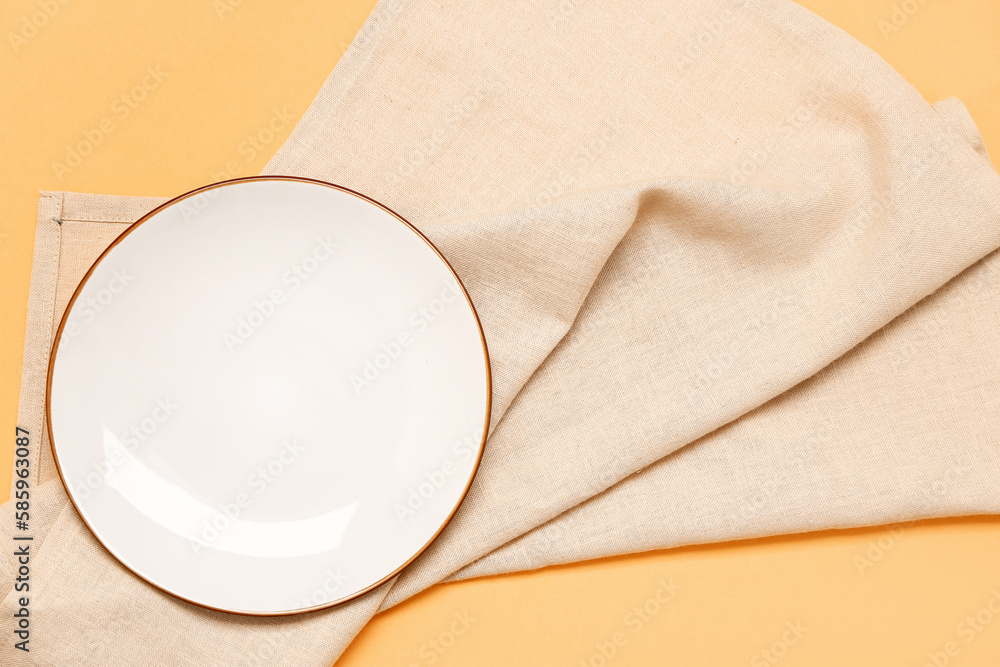 Empty plate and clean napkin on color background