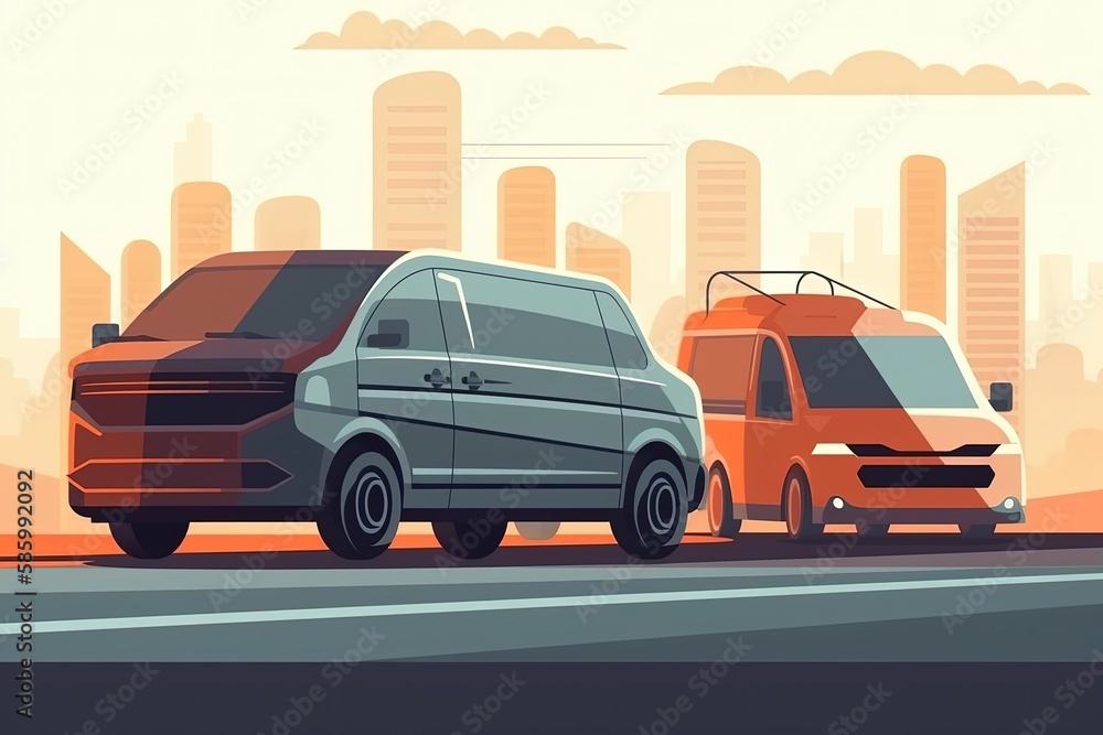 Illustration of two vans parked on a busy city street created with Generative AI technology