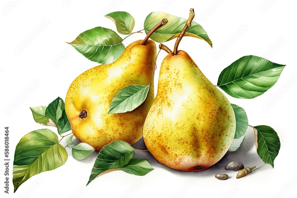 Illustration of two ripe pears with fresh green leaves on a white background created with Generative
