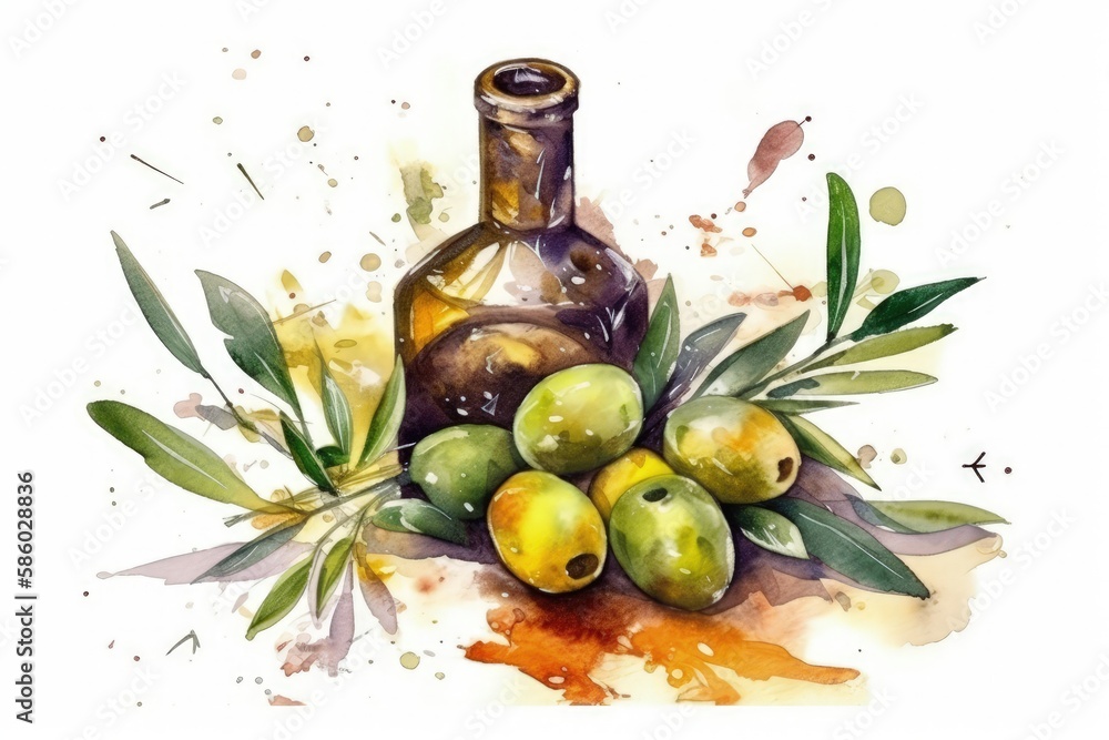 Illustration of olives and olive oil in a still life painting created with Generative AI technology