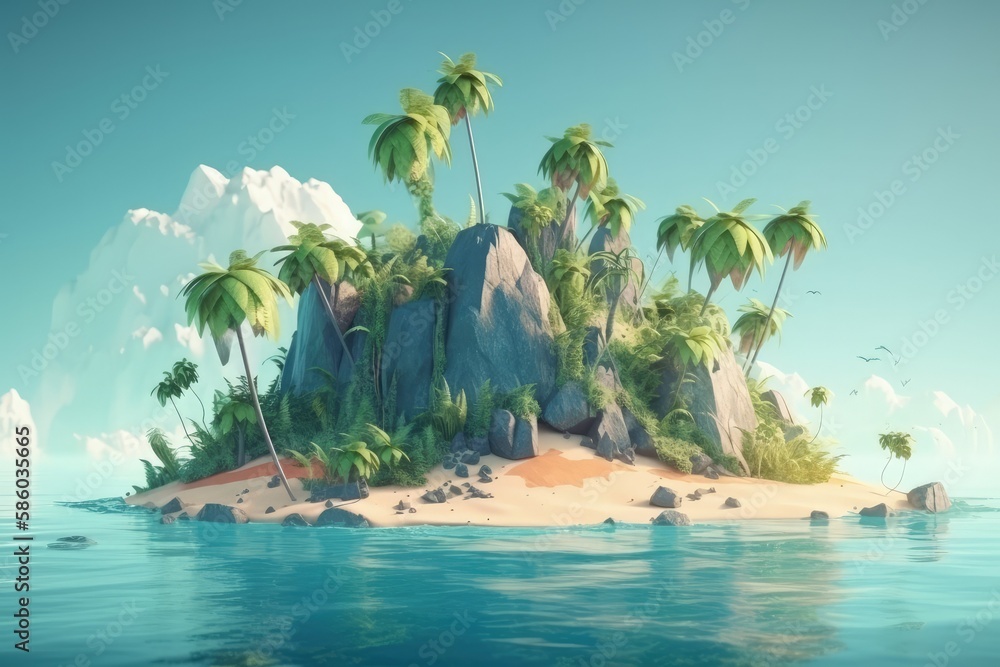 tropical island paradise with palm trees in the center surrounded by crystal clear blue ocean water 