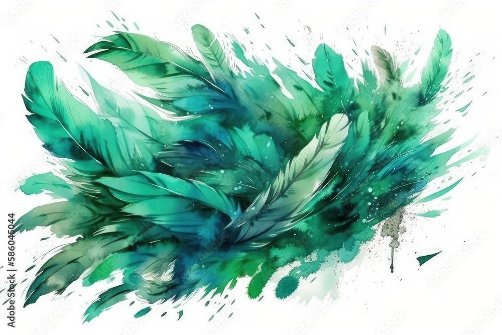 Illustration of Green Feathers on a White Background: A Vibrant and Colorful Painting created with G