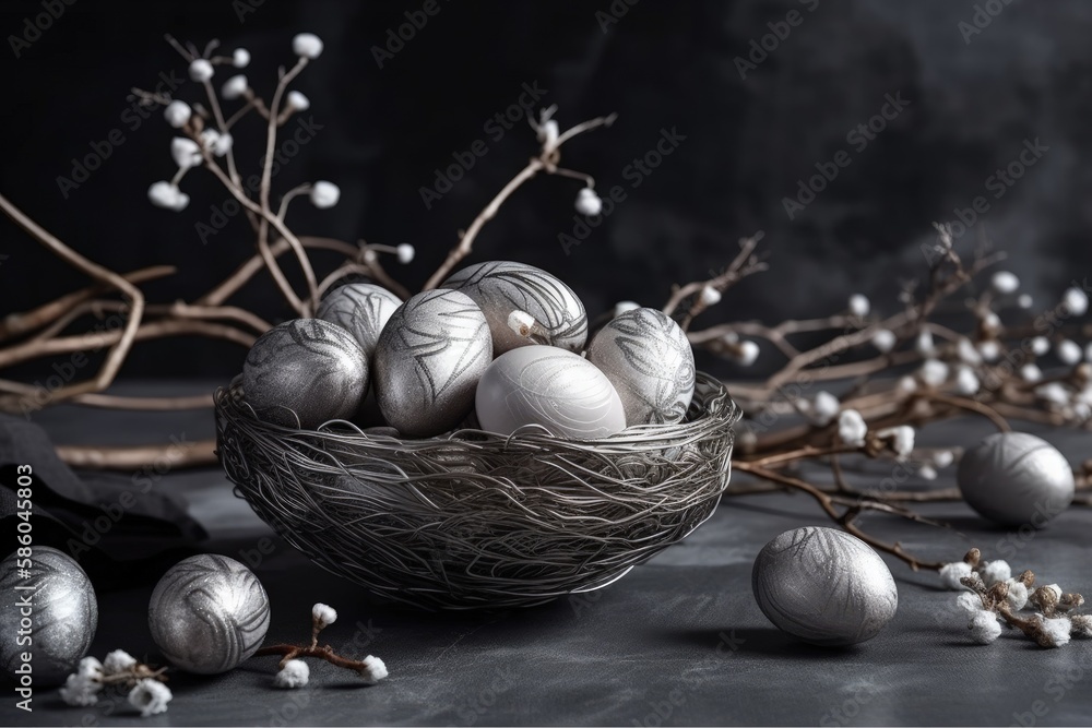 basket filled with shiny silver eggs placed beside blooming branches created with Generative AI tech