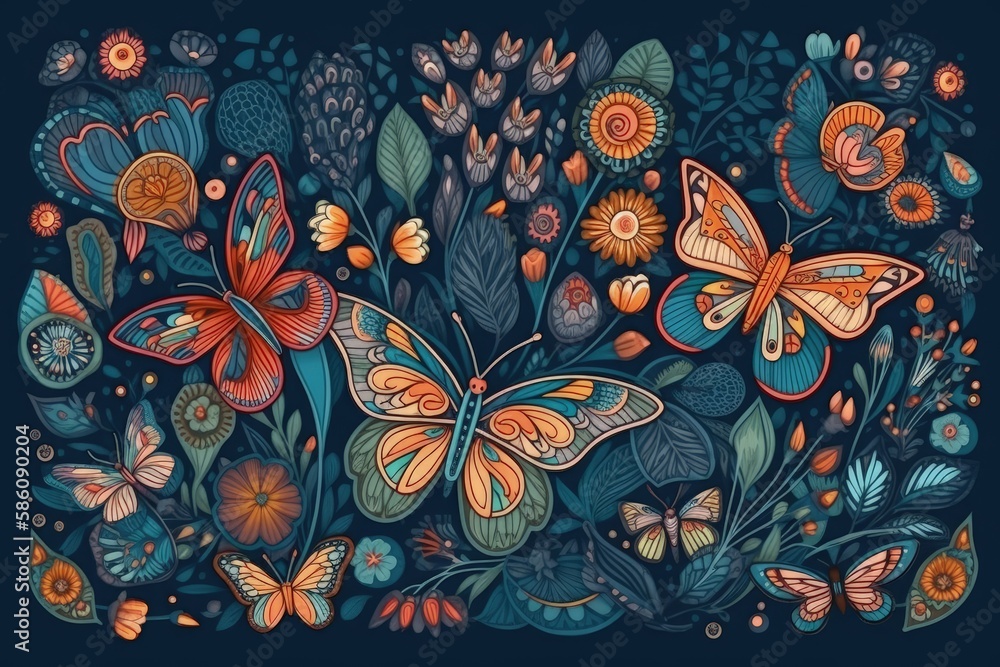 Illustration of colorful butterflies and flowers set against a dark background created with Generati