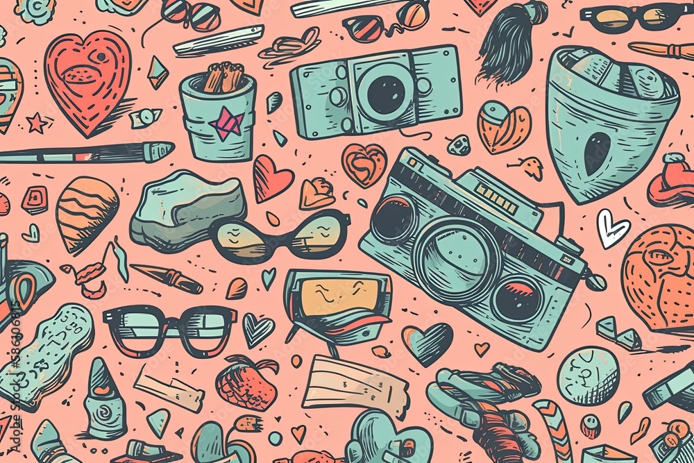 colorful assortment of objects on a pink background created with Generative AI technology